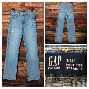 GAP Jeans Size 2 26 High Rise Straight Distressed Medium Blue Denim Stretch